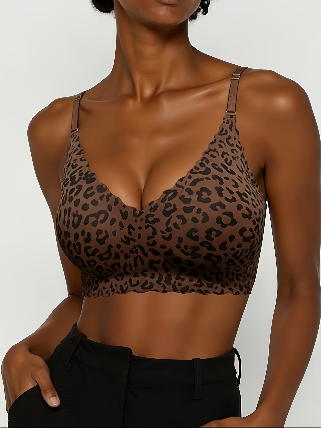 3pcs Women's Leopard Print Wireless Bra Set, Comfortable Style